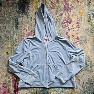 Juicy Couture Cropped Light Blue Velour Zip Hoodie With Rhinestones